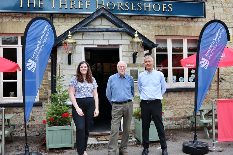 Left to right: Mia Jones of SSEN’s Engagement Team, Cllr Robin Twining, Worldham Parish Council chairman and SSEN project manager Scott Sadler