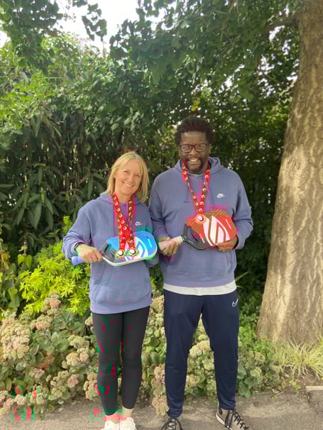 Sally Grace (left) and Andre Strachan won the over-45s mixed doubles title at the 2024 English Open