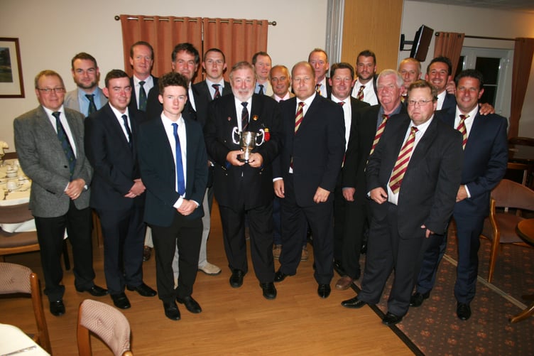 Old Thorns and Liphook who contested the semi-finals of the Fullers County Sevens at Lee-on-the-Solent GC, on Sunday, October 19, 2014. Hampshire Isle of Wight and Channel Islands Golf Union president Barry Morgan, a member at Liphook GC, is holding the trophy which Old Thorns won after beating Stoneham in the final.