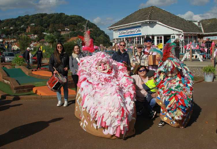 Minehead's traditional hobby horse appeared at the town's Jubilee Cafe for a cancer charity fund-raising weekend. PHOTO: George Ody.