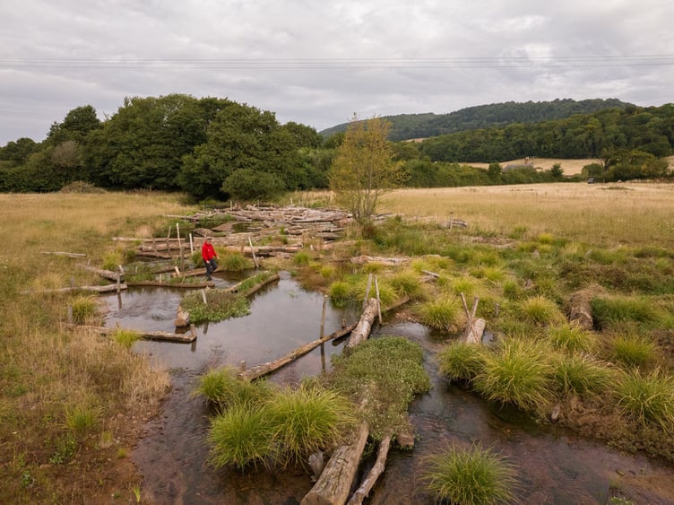 Inspecting newly created wetlands on a section of the River Aller on the Holnicote Estate, Exmoor. PHOTO: James Beck and National Trust Images.