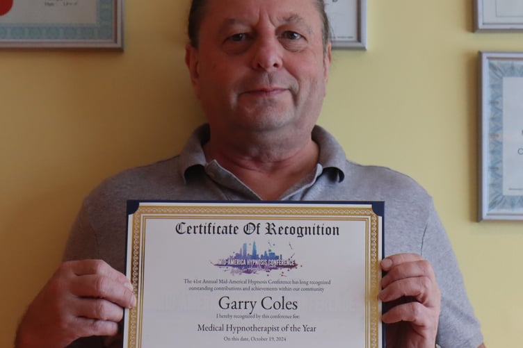 Garry Coles certificate of recognition for Medical Hypnotherapist of the year