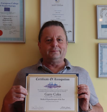 Garry Coles certificate of recognition for Medical Hypnotherapist of the year