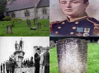 <p>From top right: Eric Gascoigne, his headstone in Langrish, the wreck of HMS E15 photographed after Robinson's action, and the churchyard in Langrish.</p>