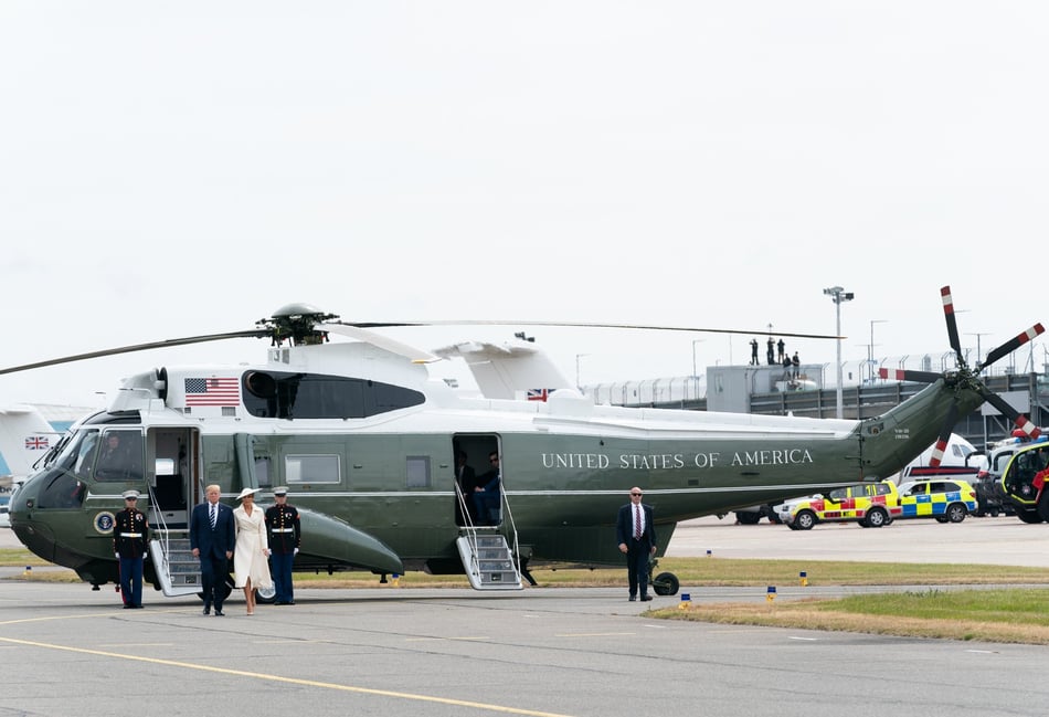 <p>President Donald J. Trump and First Lady Melania Trump disembark Marine One at Southampton Airport.</p>