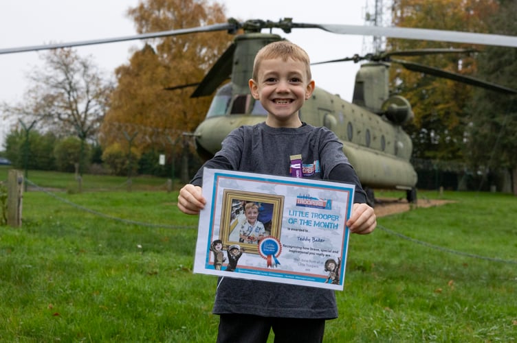 Teddy with the Little Troopers Award medal and certificate, RAF Odiham, November 2024.