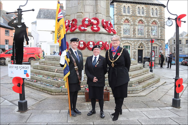 Legion standard bearer Victoria DeCourcy-Harrison with Angela Barber and mayor of Launceston Cllr Helen Bailey on Armistice Day. (Picture: John Ellacott)