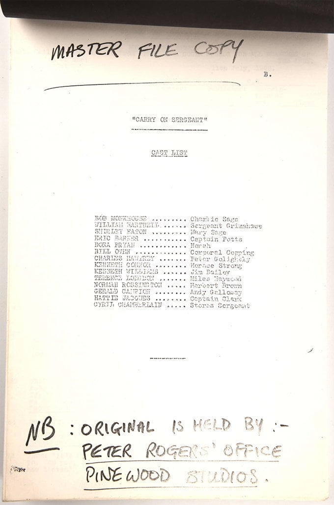 The script for Carry On Sergeant, which starred Bob Monkhouse, Kenneth Williams and Charles Hawtrey