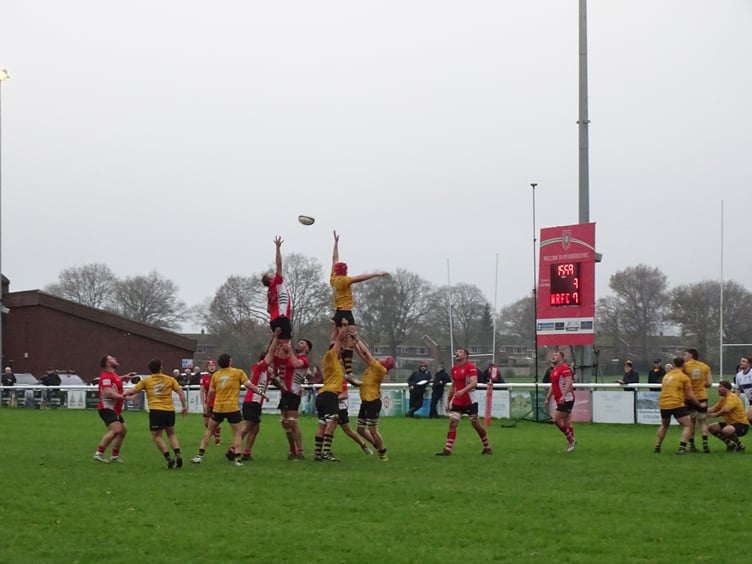 Petersfield captain Matt Momber is lifted to catch at a line-out, Petersfield v Winchester, November 30th 2024.