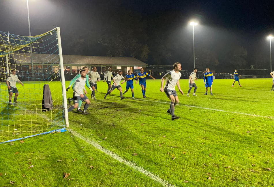 <p>Petersfield Town threaten the Bexhill United goal at a corner (Photo: Michael Christou)</p>