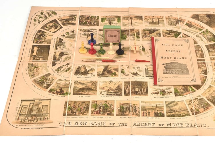 The New Game of the Ascent of Mont Blanc.Photo released December 1 2024. A rare early board game recalling a British climbing hero who captivated Victorian London is set to go up for auction.The New Game of the Ascent of Mont Blanc was so popular that it was extended to four editions from around 1855, inspired by Albert Smith a household name who climbed Mont Blanc in 1851.He went on to publish a book and launch a hit play based on his experience at Londons spectacular Egyptian Hall which ran for more than 2,000 performances over six years and was even performed in front of Queen Victoria and Prince Albert on the Isle of Wight. Its popularity culminated in the foundation of the Alpine Club in 1857, with Smith as one of the original members.