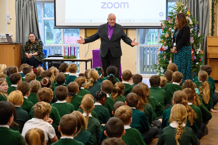 Bishop David meeting St Meriadoc Junior School pupils in Camborne