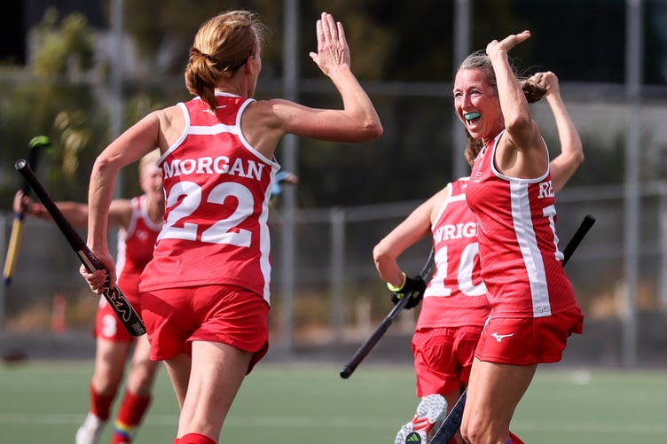 Mel Redman celebrates after scoring England's equaliser against Australia
