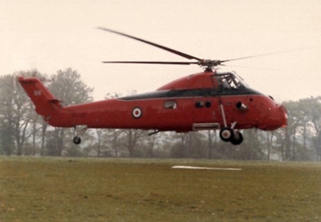Princess Anne's helicopter prepares to touch down on the Big Field at Broadlands Riding for the Disabled, Medstead, 1984.