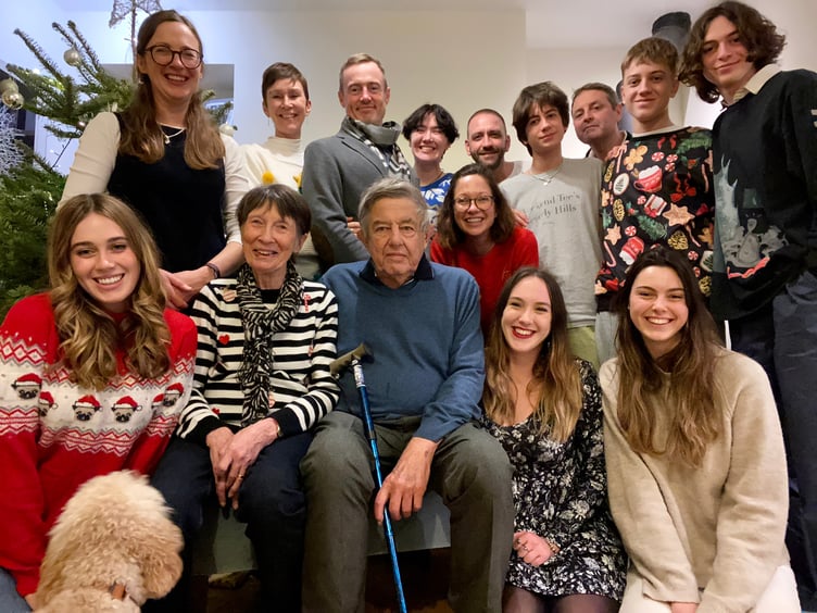 Paddy and Annis Mendham with their children and their spouses, and their seven grandchildren, Christmas 2022.