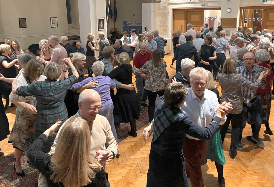 <p>Dancing the ceilidh during The Bourne Parish's Burns Night celebration at St Thomas-on-The Bourne Church</p>