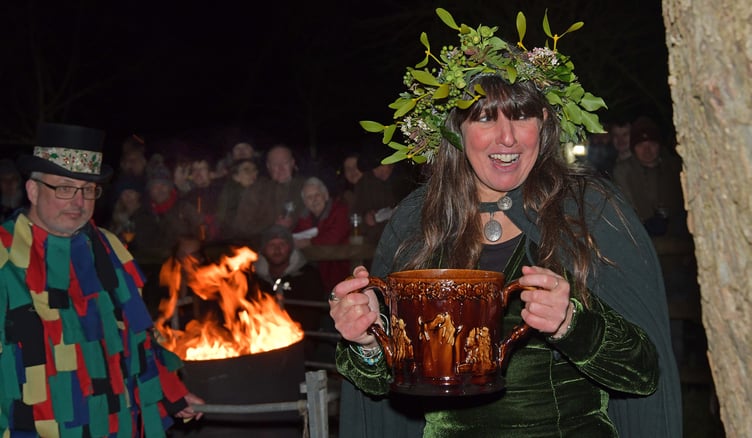 New Sheppy's wassail queen Em Sibley with huge jug of mulled cider. PHOTO: Alain Lockyer.