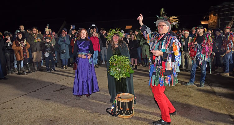 Taunton Deane Morris leader Mike Highfield introduces new wassail queen Em Sibley watched by outgoing queen Emma Sleigh. PHOTO: Alain Lockyer.