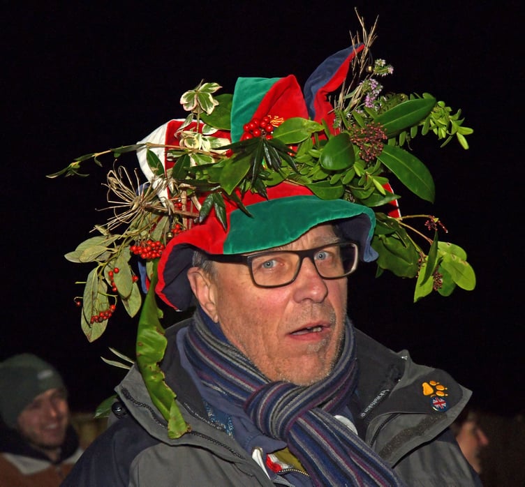 Nick Lee-Clarke resplendent in his wassail hat. PHOTO: Alain Lockyer.