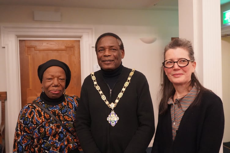 From left to right Dame Magadelene Odundo, Farnham Mayor Brodie Mauluka and Cristina