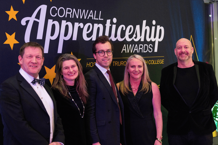 MPs Jayne Kirkham, Noah Law and Perran Moon with Truro & Penwith College principal Martin Tucker (left) and director of apprenticeships Hayley McKinstry (second right)