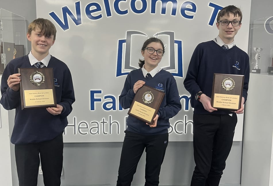 <p>Heath End trio Hayden Burton, Amelie Read and Gethyn Jones defeated a team from Eton to claim the History Bowl of London title. They're now off to Vienna!</p>