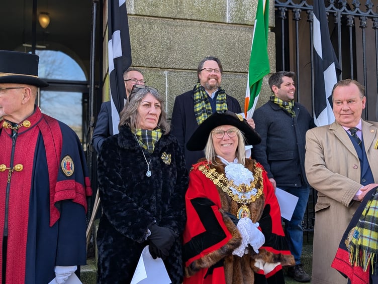 Former MP Dan Rogerson and Liberal Democrat leader Leigh Frost enjoying the Bodmin St Piran's Day event in the company of the mayor (Picture: Aaron Greenaway)