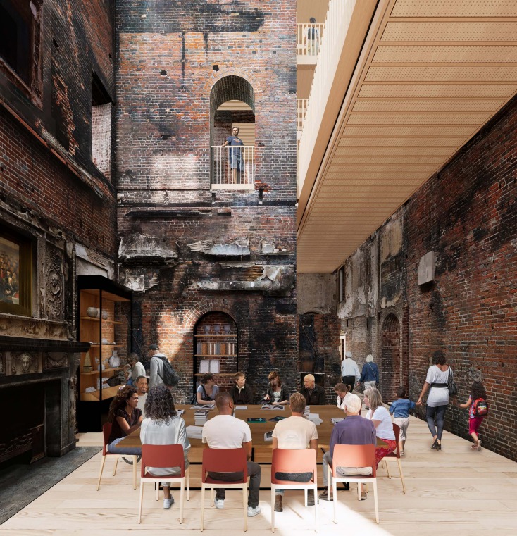 Clandon Park House's library space could be used as a workshop area with the walkaway above.