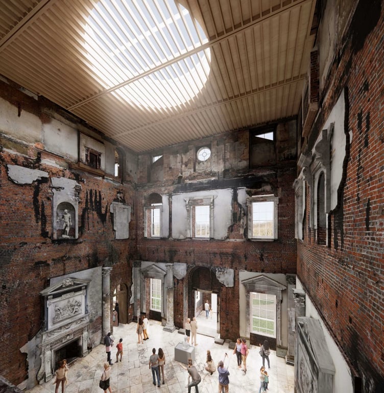 Illustrative view of Clandon Park House's Marble Hall from the saloon walkway, featuring new roof design.