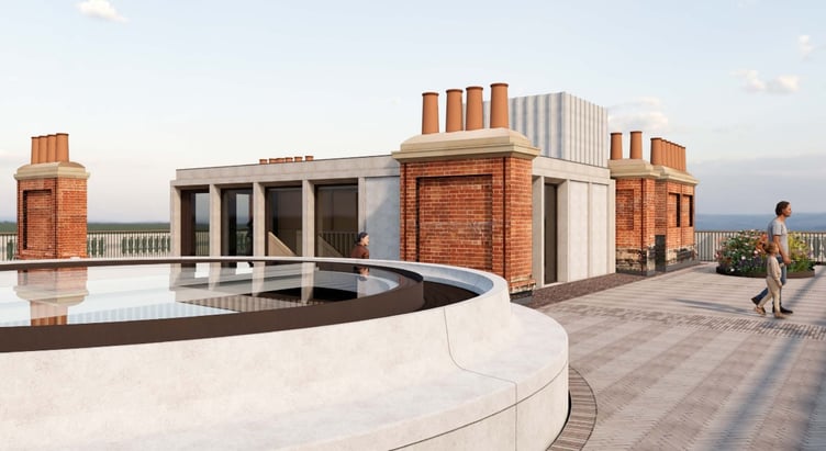 Illustrative view on the new rooftop looking towards the oak stair pavilion at Clandon Park House.