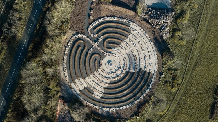 An aerial view of Kerdroya - the Cornish Landscape Labyrinth - showing the outline of Cornwall