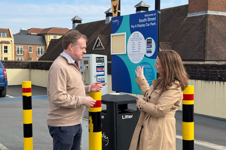 Waverley Conservative group leader Jane Austin discusses the parking costs in Farnham with Greg Stafford MP.