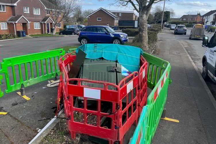 Broken Open Reach cabinet on Weydon Lane