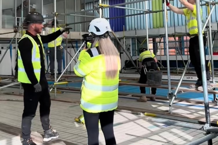 Abbey Moring works for her boyfriendâs scaffolding business â boosting the companies YouTube presence. Release date April 8 2025. A glam aesthetician has ditched the salon to join her boyfriend's scaffolding business - and turned the team into social media celebrities who are recognised on the street. Abbey Moring, 27, works part-time for Stellar Scaffolding every week in her pink hard hat to help boost the business' YouTube channel views. Climbing up onto rooftops and buildings to capture videos of the team working, Abbey says the channel has gone "crazy" since it started nine months ago.