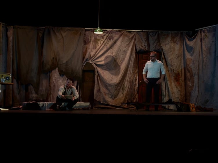 Sam Jollife, left, as Ben, and Nick Rumsby, as Gus, in The Dumb Waiter, The Harlington, Fleet, April 23rd 2025.