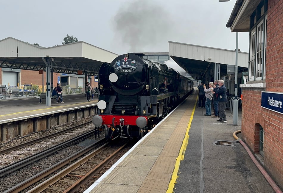 <p>The Great Britain XVII service takes a breather at Haslemere station. The steam train is the last that will be overseen by signallers at the Farncombe, Haslemere and Petersfield boxes.</p>