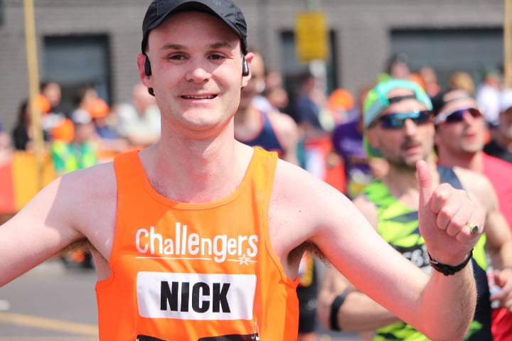 Nick Potter shows his smile and determination as he runs the London Marathon.