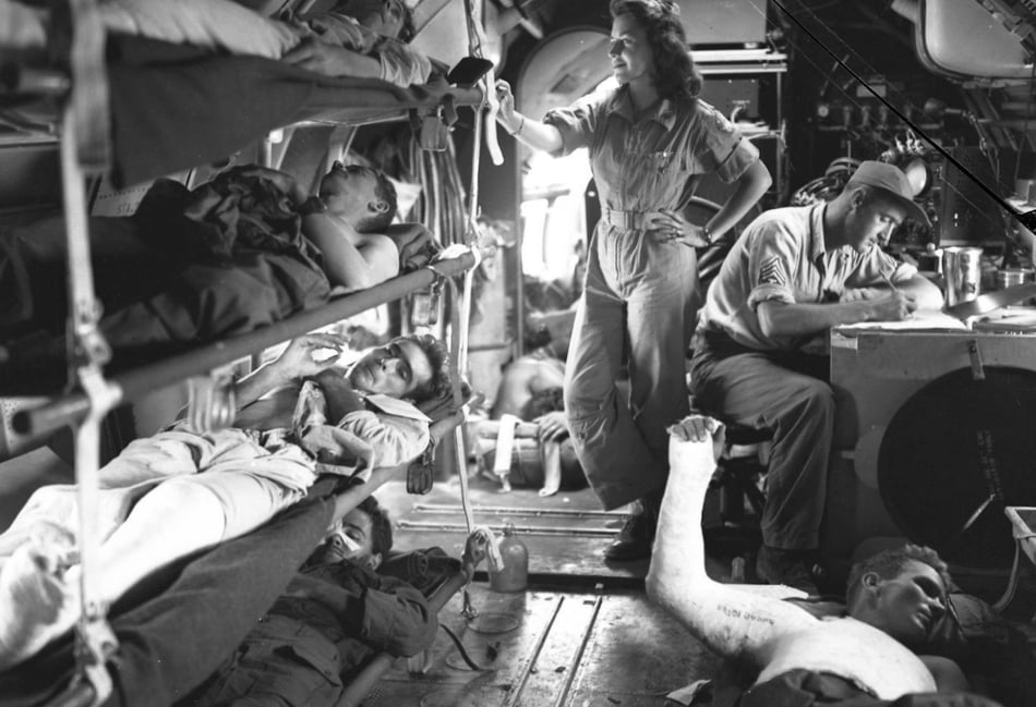 <p>A US Curtiss-46 aircraft conducting an aerial evacuation of wounded American troops. A very similar layout to the fateful aircraft that crashed at Hindhead in May 1945</p>