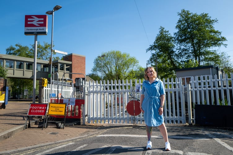 Lucy Ruck, who was hit by a train and lost her leg at the age of 17 by the crossing where the incident happened, and the crossing has now been closed. Farnborough North, 30th April 2025 - She was hit so hard her leg was found half-a-mile up the track. The mum-of-two is now warning people not to ignore lights or run across rail tracks.   Shocking CCTV footage captures the danger of pedestrian distractions at level crossings.  Release date - April 29, 2025.  The montage footage highlights the potential risks of losing focus near a railway line, from a teenager stood in the middle of a level crossing gazing at their mobile phone, to a pram-pushing couple failing to observe safety barrier alarms.  In a world full of distractions, Network Rail is warning of the more serious consequences of being distracted at level crossings. Over the past four years**, there have been 1,574 recorded near miss incidents involving pedestrians at level crossings.  Over that same period, incidents have increased on average by 16% from April to May.