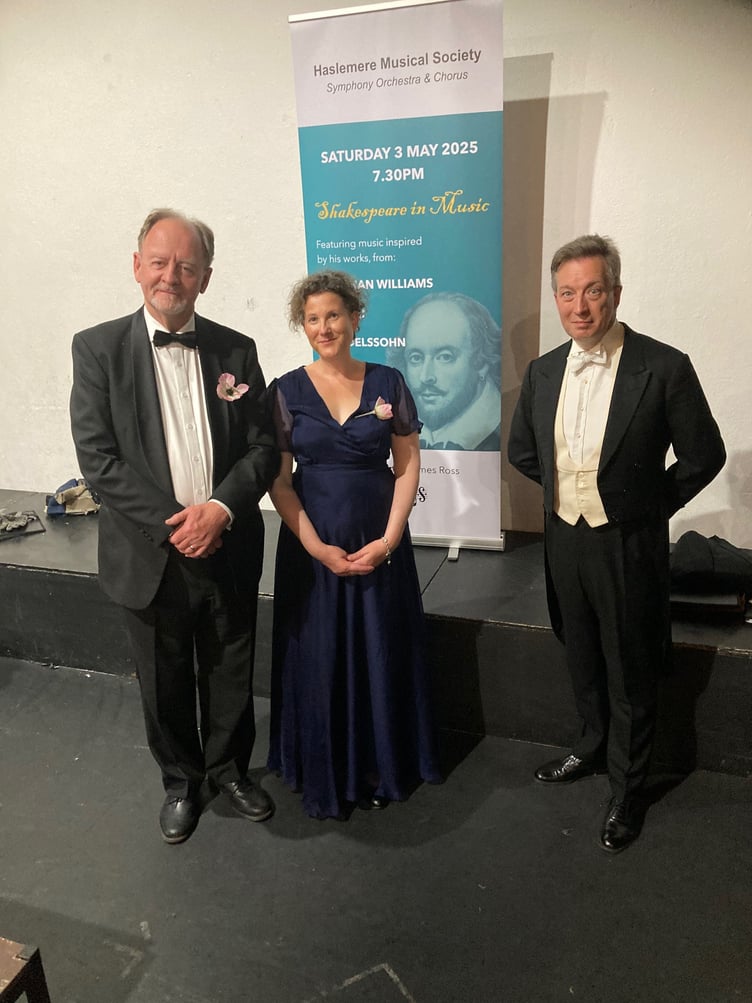 From left: Readers David Greenwood and Fiona Cullis, and conductor James Ross, Haslemere Musical Society Shakespeare in Music concert, Haslemere Hall, May 3rd 2025.