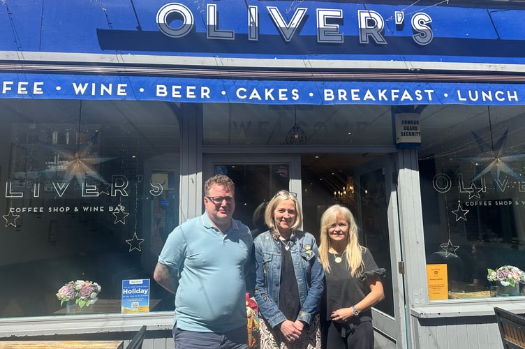 From left to right: Cllr Oliver Leach of Oliver’s Café, Melissa King of Marley Flowers and Sandy Capra of Rock n Shards — some of Haslemere traders fighting back against shoplifting