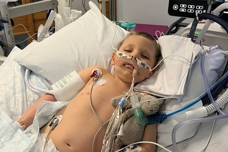 Felix Disney-Moore pictured during treatment for trilateral retinoblastom â he had to undergo eight months of chemotherapy. The parents of a little boy diagnosed with two rare cancers before the age of three were "relieved" to discovered he had blood cancer instead of the disease in his eye spreading - because it gave him "a chance of survival". Felix Disney-Moore, four, had no symptoms until his mum, Hayley Disney, 40, spotted a white glow left eye and took him for a check-up at Frimley Park Hospital, Surrey.  He was urgently referred to Royal London Hospital and diagnosed with bilateral retinoblastoma - a form of eye cancer that affects both eyes - and the family were told he'd need his left eye removed to save his life.