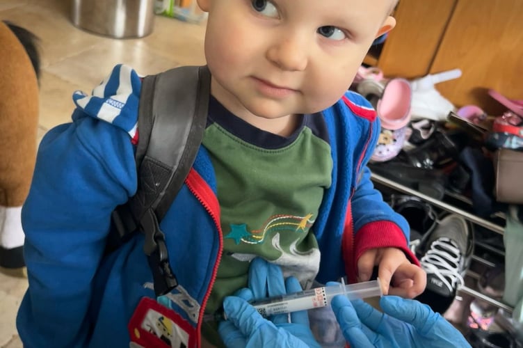 Felix Disney-Moore pictured during treatment for trilateral retinoblastom Ð he had to undergo eight months of chemotherapy. The parents of a little boy diagnosed with two rare cancers before the age of three were "relieved" to discovered he had blood cancer instead of the disease in his eye spreading - because it gave him "a chance of survival". Felix Disney-Moore, four, had no symptoms until his mum, Hayley Disney, 40, spotted a white glow left eye and took him for a check-up at Frimley Park Hospital, Surrey.  He was urgently referred to Royal London Hospital and diagnosed with bilateral retinoblastoma - a form of eye cancer that affects both eyes - and the family were told he'd need his left eye removed to save his life.
