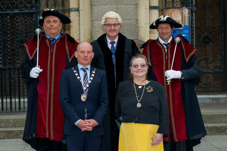 Truro deputy mayor Loic Rich and deputy mayoress Sarah Douglas-Martin with mace bearers Barry Cooper and Matthew Phillips, and town clerk David Rodda