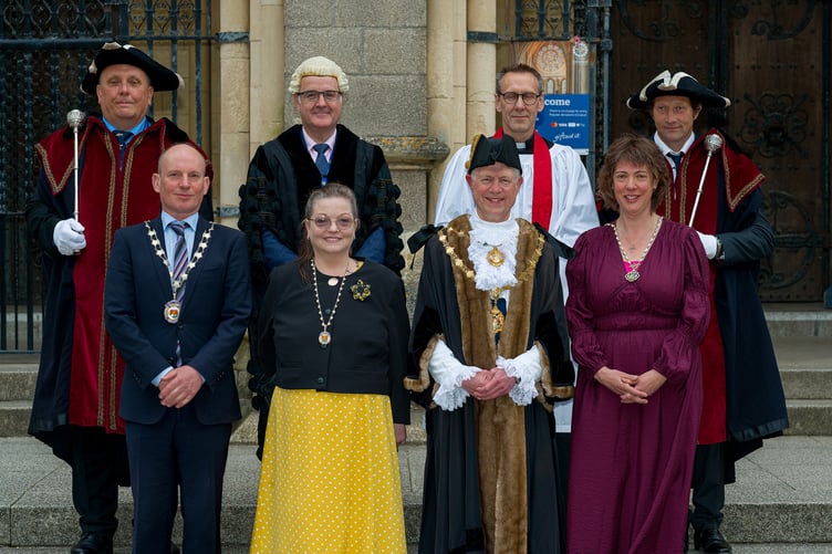 Back row: Mace bearer Barry Cooper, town clerk David Rodda, mayor's chaplain Rev Andy Boorne, mace bearer Matthew Phillips
Front row: Deputy mayor Cllr Loic Rich, deputy mayoress Cllr Sarah Douglas-Martin, mayor Cllr Chris Wells and mayoress Cllr Nicola Carveth