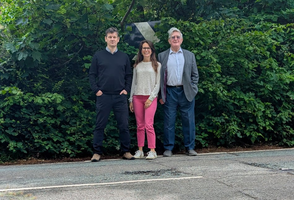 <p>Local resident Roger Lowry, local campaigner Theresa Meredith-Hardy and Haslemere County Council John Robini on Petworth Road</p>