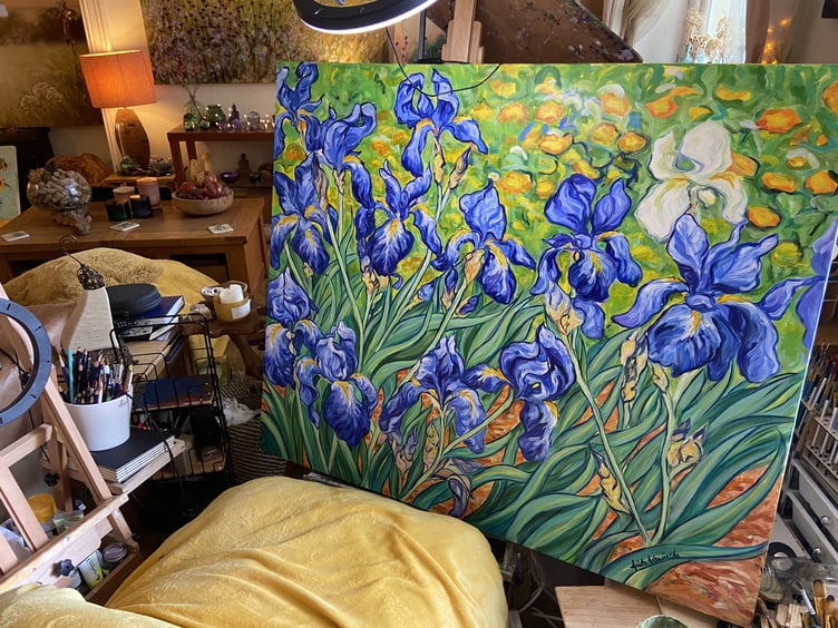 Van Gough stylised irises by Anita Nowinska. Donated to Rowford Hospice.