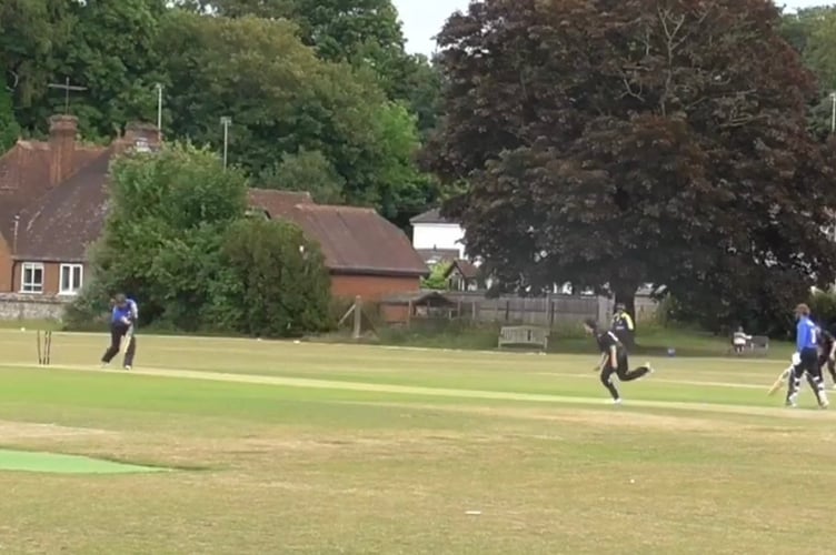 Farnham's Will Graham bowls out Dorking's Chris Thurgood, June 21st 2025.