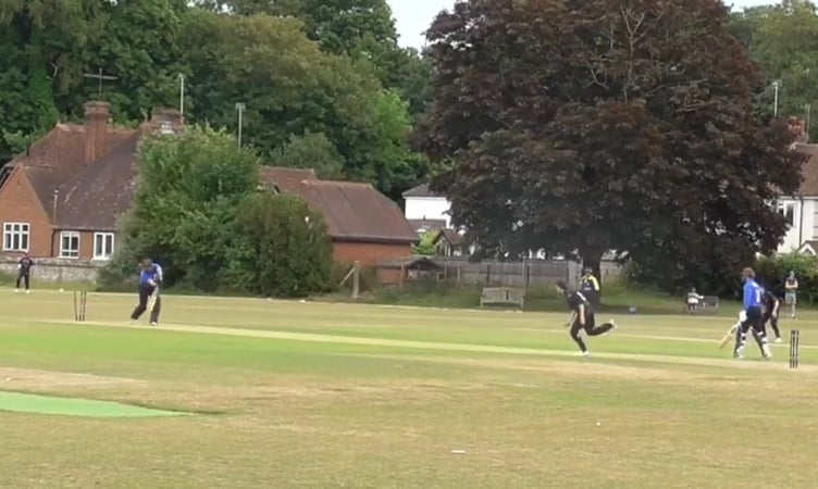 Farnham's Will Graham bowls out Dorking's Chris Thurgood, June 21st 2025.