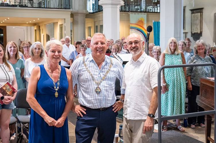The mayor and mayoress of Farnham, Cllr George and Jacoba Murray, with the participants in The Waverley Sing, St Andrew's Church, Farnham, July 12th 2025.